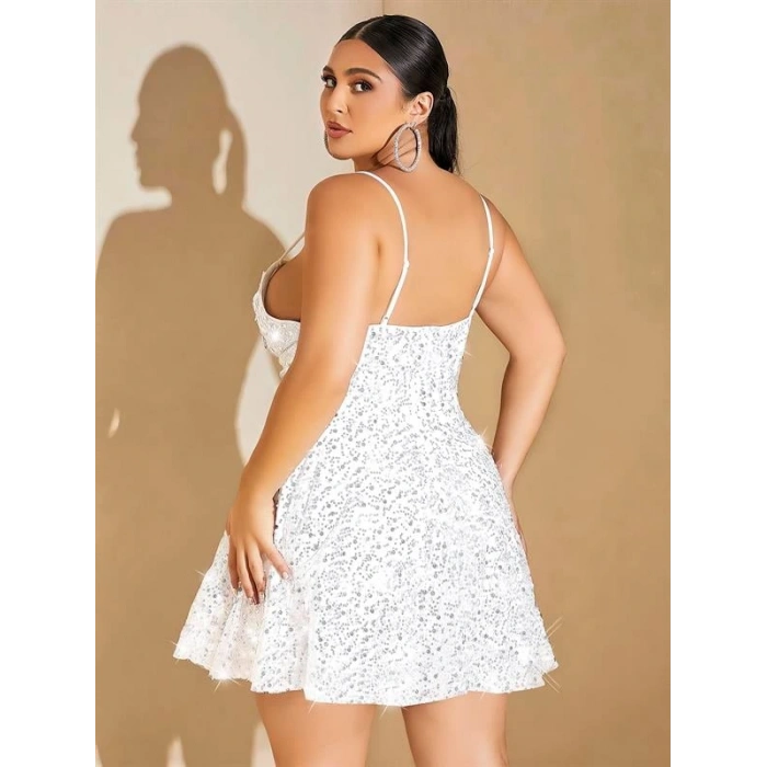 VipMarketim  Özel Tasarım Büyük Beden Payetli Parlak Işıltılı Beyaz Mini Club Elbisesi