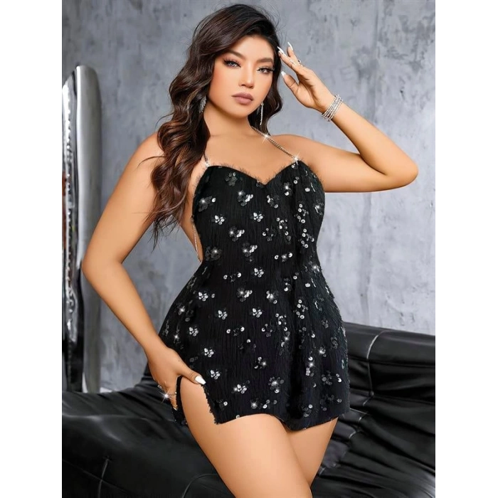 VipMarketim  Özel Tasarım Büyük Beden Siyah Payetli Parlak Işıltılı Zincir Sırt Dekolteli Mini Club Elbisesi