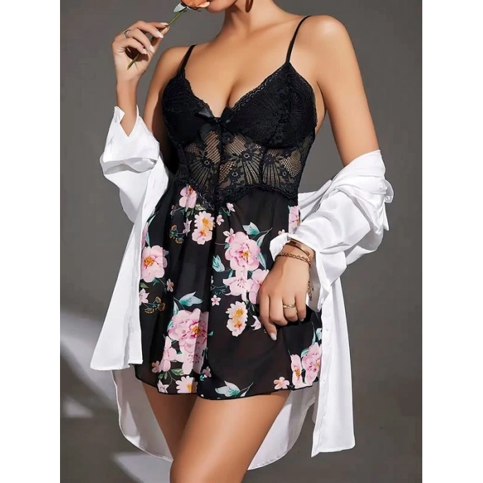 VipMarketim Özel Tasarım Çiçek Desenli Dantel İşlemeli Şık Göğüs Dekolteli Siyah Saten Gecelik