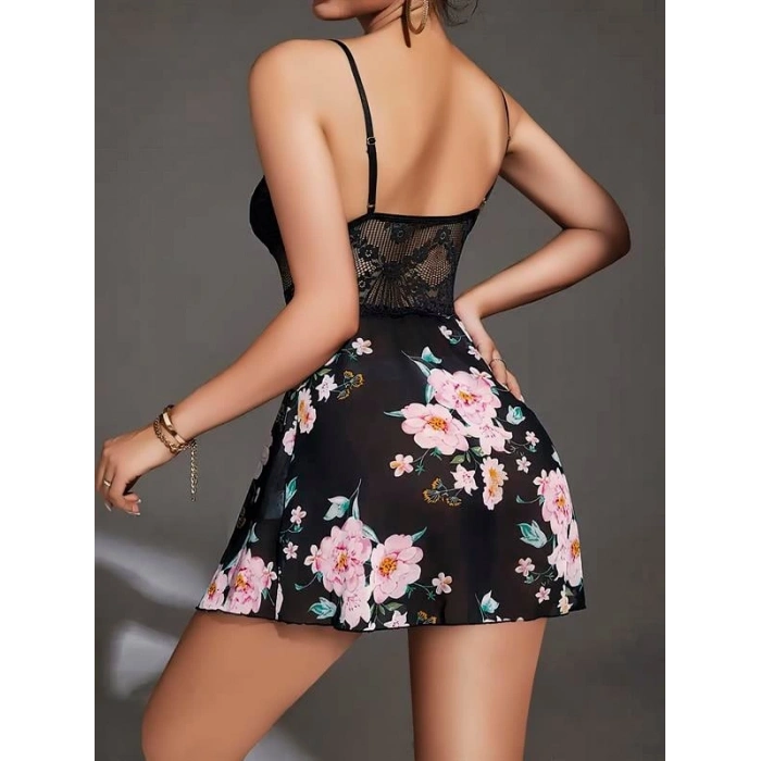 VipMarketim  Özel Tasarım Çiçek Desenli Dantel İşlemeli Şık Göğüs Dekolteli Siyah Saten Gecelik