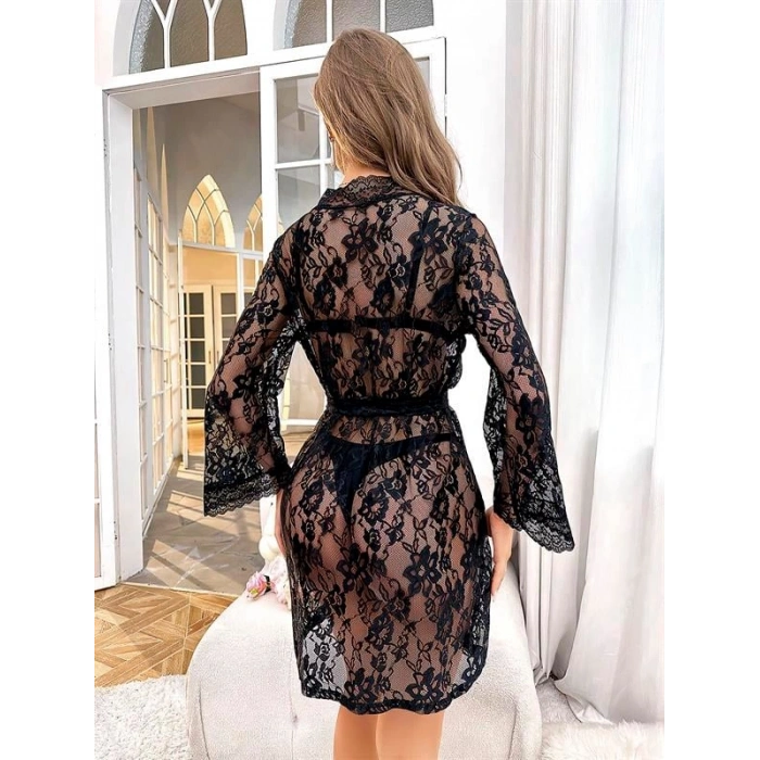 VipMarketim  Özel Tasarım Çiçek Desenli Full Dantel İşlemeli Şık Siyah Fantezi Gecelik Sabahlık