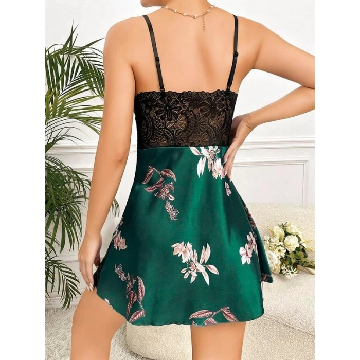 VipMarketim Özel Tasarım Çiçek Desenli İnce Askılı Dantel İşlemeli Yeşil Mini Saten Gecelik