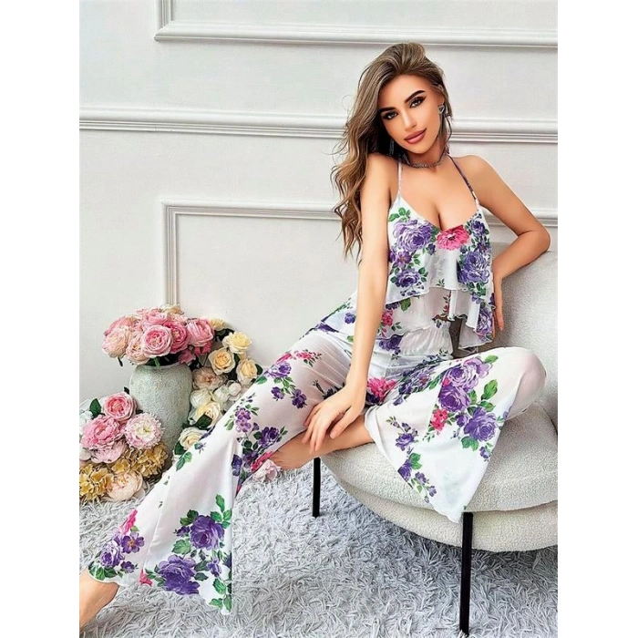 VipMarketim  Özel Tasarım Çiçek Desenli Salaş Kesim Şık Sırt Dekolteli 2li Takım