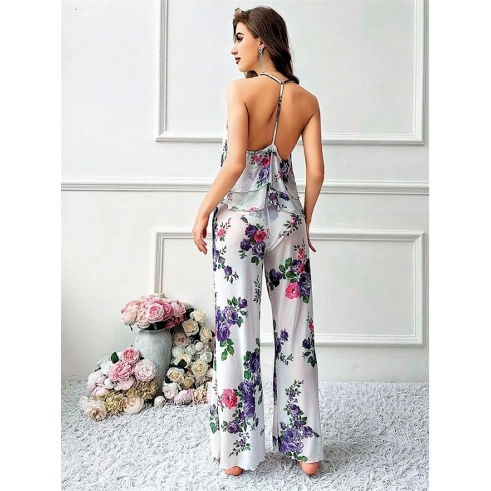 VipMarketim Özel Tasarım Çiçek Desenli Salaş Kesim Şık Sırt Dekolteli 2Li Takım