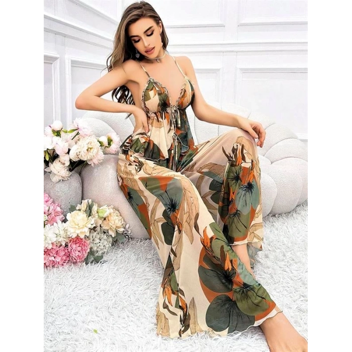 VipMarketim  Özel Tasarım Çiçek Desenli Salaş Şık Dekolteli 2li Takım