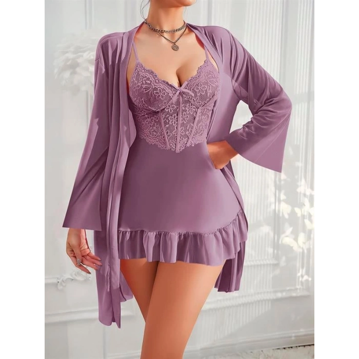 VipMarketim Özel Tasarım Dantel İşlemeli Fırfırlı Sabahlıklı 2Li Mor Gecelik Takımı