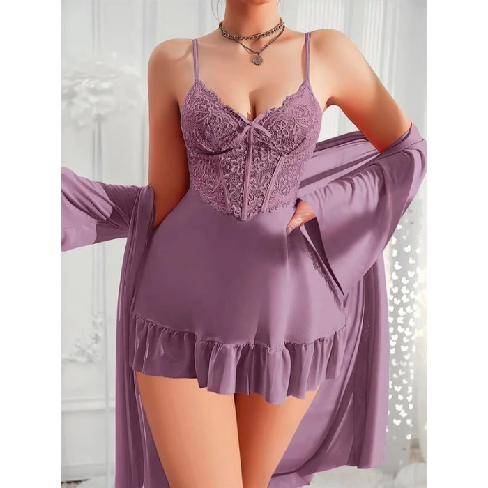 VipMarketim Özel Tasarım Dantel İşlemeli Fırfırlı Sabahlıklı 2Li Mor Gecelik Takımı