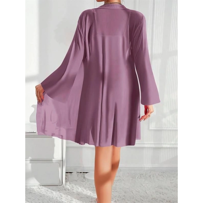 VipMarketim  Özel Tasarım Dantel İşlemeli Fırfırlı Sabahlıklı 2li Mor Gecelik Takımı