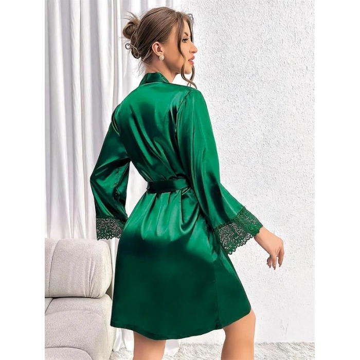 VipMarketim Özel Tasarım Dantel İşlemeli Göğüs Dekolteli Sabahlıklı 2Li Yeşil Saten Gecelik Takımı