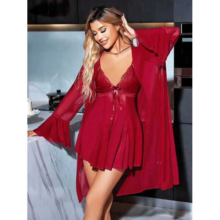 VipMarketim Özel Tasarım Dantel İşlemeli Göğüs Dekolteli Sabahlıklı Bordo 2Li Tül Gecelik Takımı