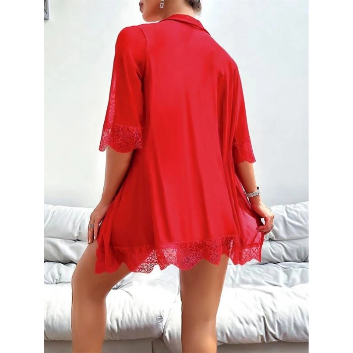 VipMarketim  Özel Tasarım Dantel İşlemeli Göğüs Dekolteli Sabahlıklı Kırmızı 2li Tül Gecelik Takımı