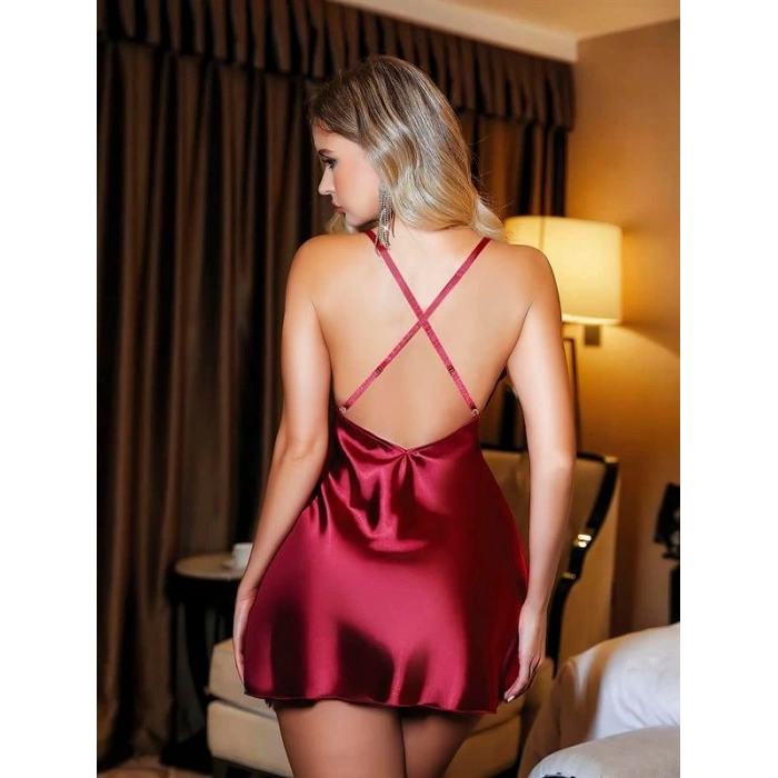 VipMarketim Özel Tasarım Dantel İşlemeli Göğüs Dekolteli Sabahlıklı Saten Bordo 2Li Gecelik Takımı