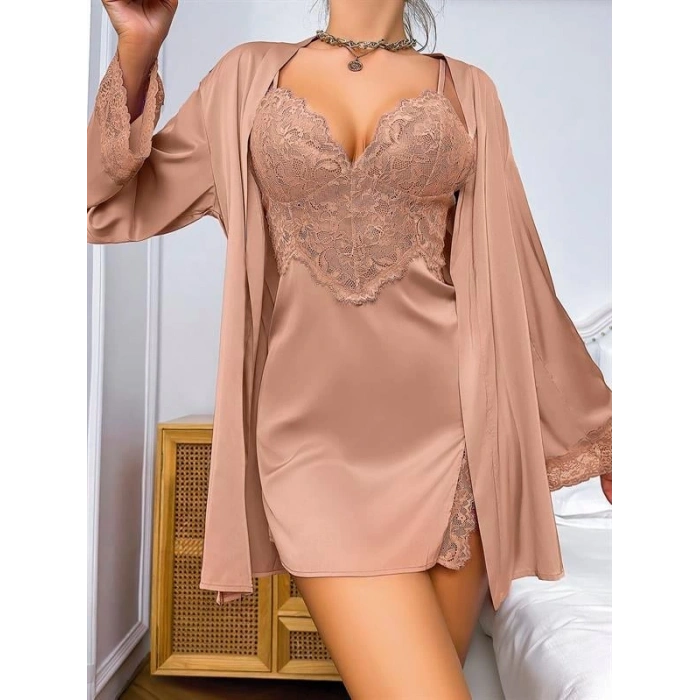 VipMarketim Özel Tasarım Dantel İşlemeli Şık Göğüs Dekolteli Sabahlıklı 2Li Saten Gecelik Takımı