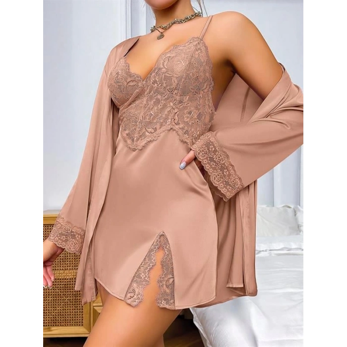 VipMarketim Özel Tasarım Dantel İşlemeli Şık Göğüs Dekolteli Sabahlıklı 2Li Saten Gecelik Takımı