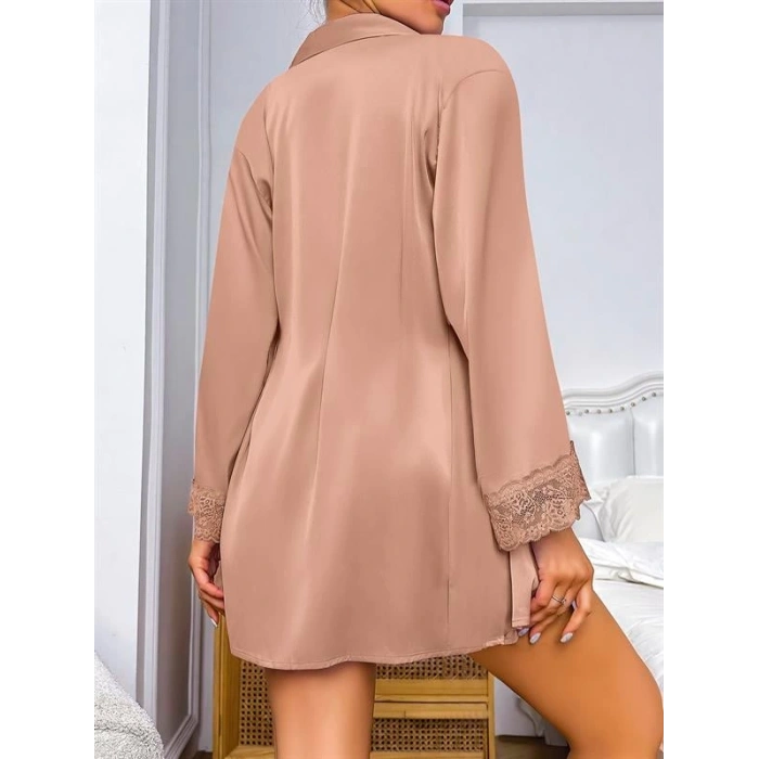 VipMarketim Özel Tasarım Dantel İşlemeli Şık Göğüs Dekolteli Sabahlıklı 2Li Saten Gecelik Takımı