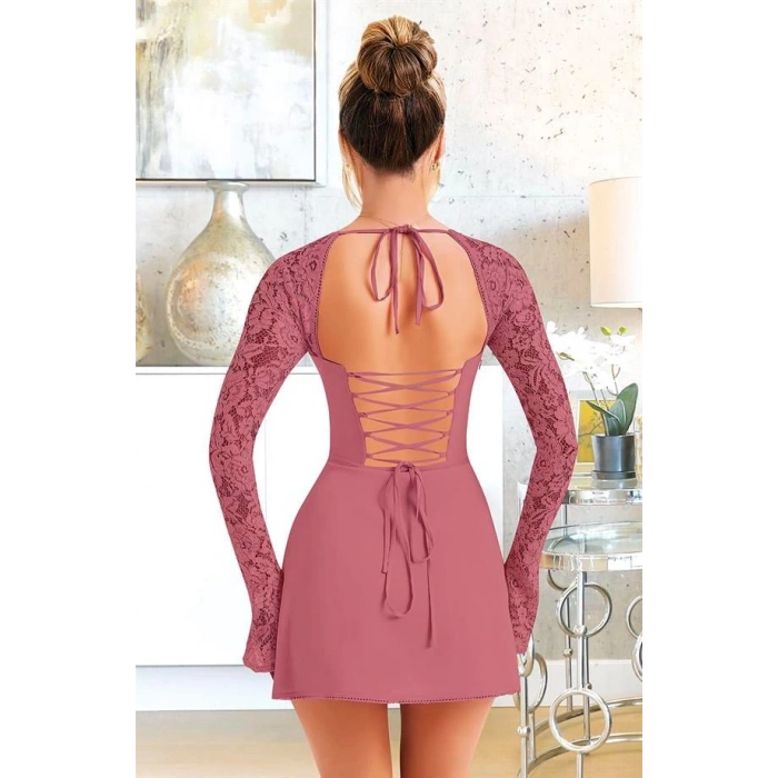 VipMarketim Özel Tasarım Dantel İşlemeli Şık Uzun Bolerolu Fuşya Fantezi Mini Club Elbisesi