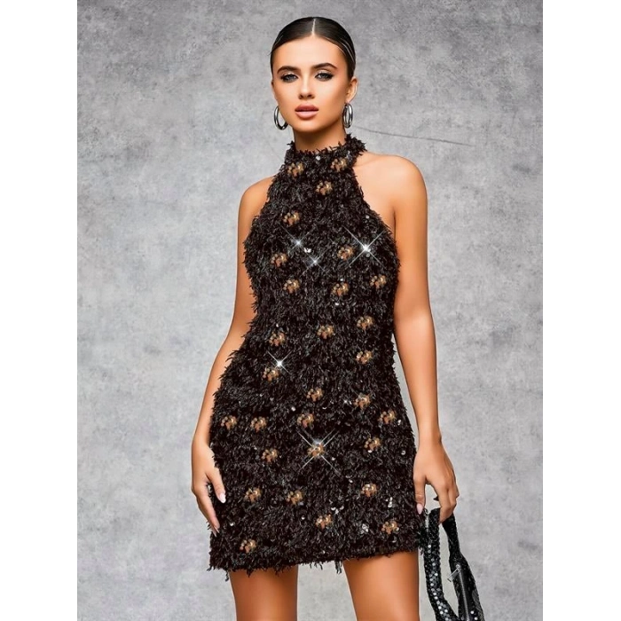 VipMarketim Özel Tasarım Gümüş Işıltılı Sırt Dekolteli Fantezi Mini Club Elbisesi