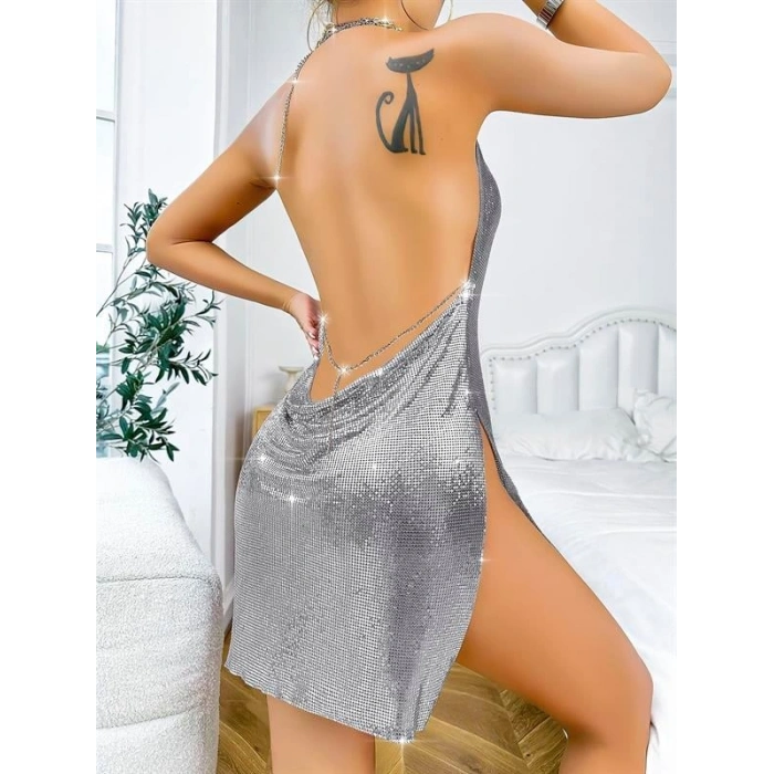 VipMarketim  Özel Tasarım Gümüş Payetli Zincir Detaylı Parlak Işıltılı Sırt Dekolteli Fantezi Mini Club Elbisesi