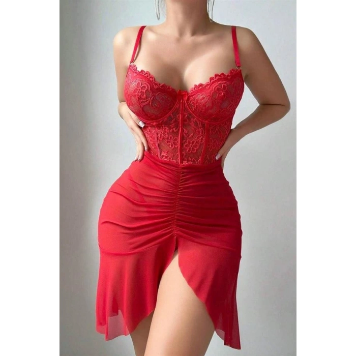 VipMarketim Özel Tasarım Kırmızı Dantel İşlemeli Korse Görünümlü Önden Büzgülü Fantezi Tül Gecelik