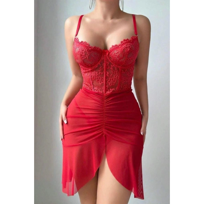VipMarketim  Özel Tasarım Kırmızı Dantel İşlemeli Korse Görünümlü Önden Büzgülü Fantezi Tül Gecelik