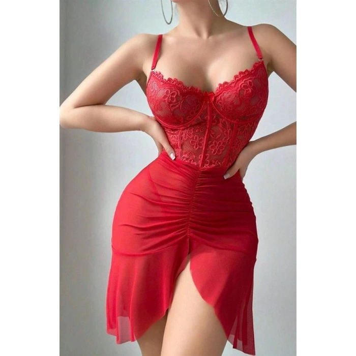 VipMarketim Özel Tasarım Kırmızı Dantel İşlemeli Korse Görünümlü Önden Büzgülü Fantezi Tül Gecelik