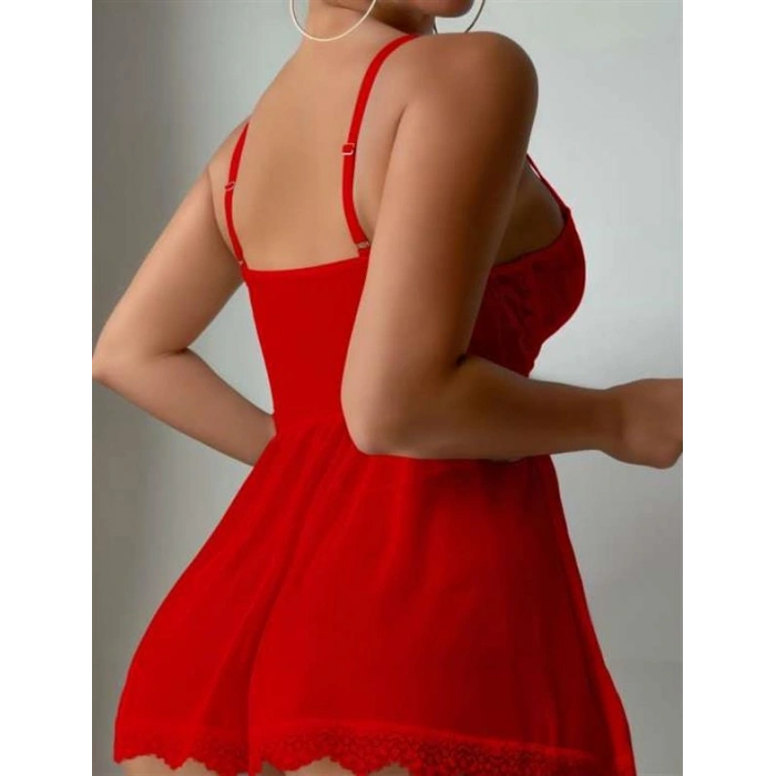 VipMarketim  Özel Tasarım Kırmızı Dantel İşlemeli Tül Fantezi Gecelik