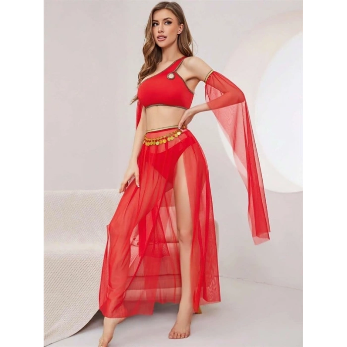 VipMarketim Özel Tasarım Kırmızı Fantezi Dansçı Kostümü