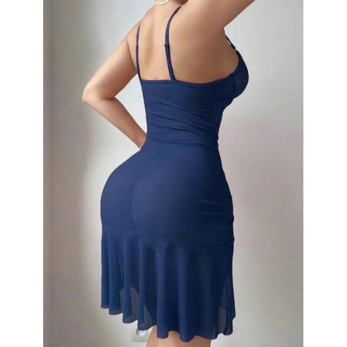 VipMarketim  Özel Tasarım Lacivert Dantel İşlemeli Korse Görünümlü Önden Büzgülü Fantezi Tül Gecelik