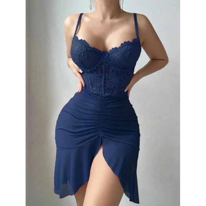 VipMarketim  Özel Tasarım Lacivert Dantel İşlemeli Korse Görünümlü Önden Büzgülü Fantezi Tül Gecelik