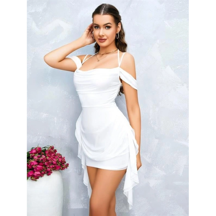 VipMarketim Özel Tasarım Omuz Detaylı Şık Beyaz Fantezi Mini Club Elbisesi