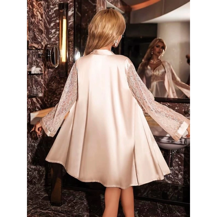 VipMarketim Özel Tasarım Şık Dantel İşlemeli Sabahlıklı 2Li Pudra Saten Gecelik Takımı