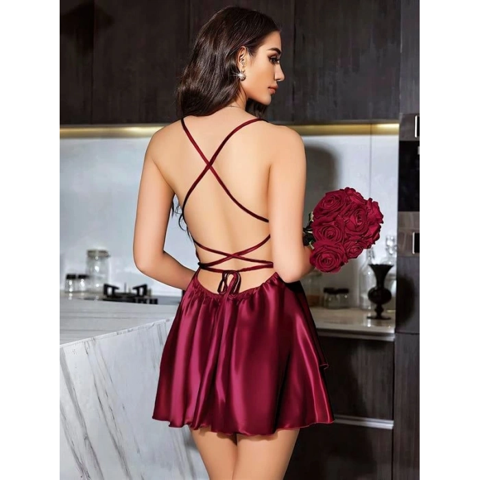 VipMarketim Özel Tasarım Sırt Dekolteli Sabahlıklı Saten Bordo 2Li Gecelik Takımı