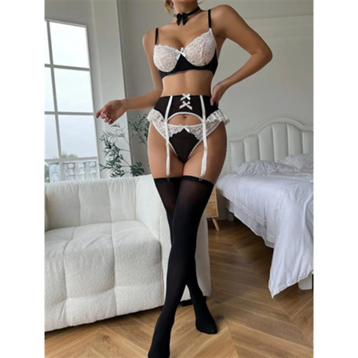 VipMarketim  Özel Tasarım Siyah-beyaz Dantelli Fantezi Jartiyer Takımı