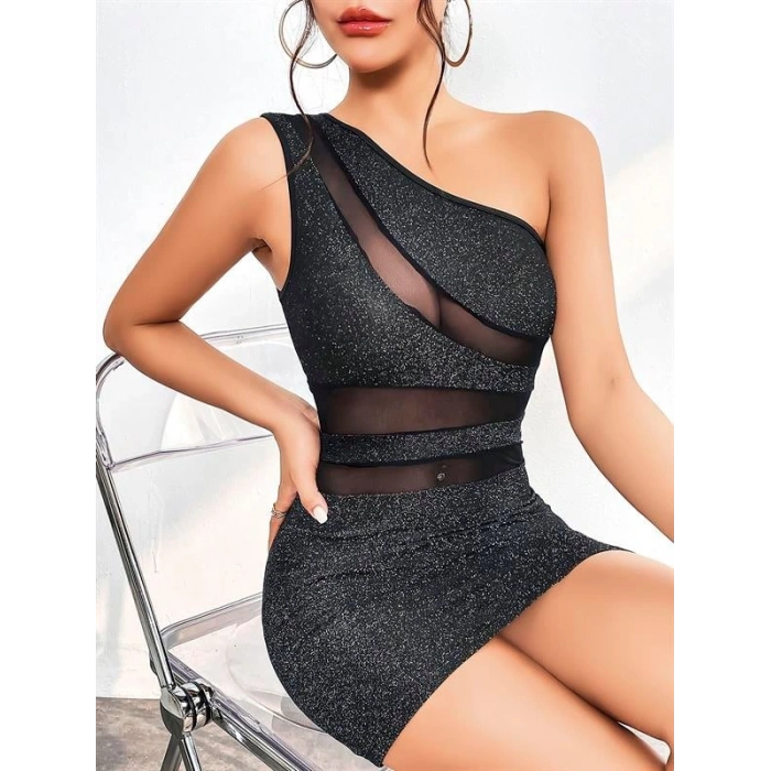 VipMarketim Özel Tasarım Siyah Tek Omuz Dekolteli Işıltılı Fantezi Mini Club Elbisesi