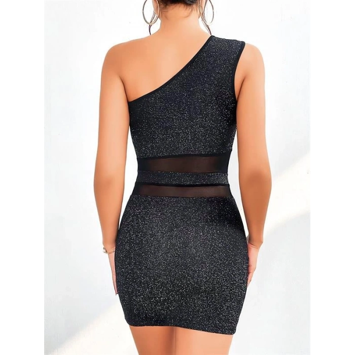 VipMarketim  Özel Tasarım Siyah Tek Omuz Dekolteli Işıltılı Fantezi Mini Club Elbisesi