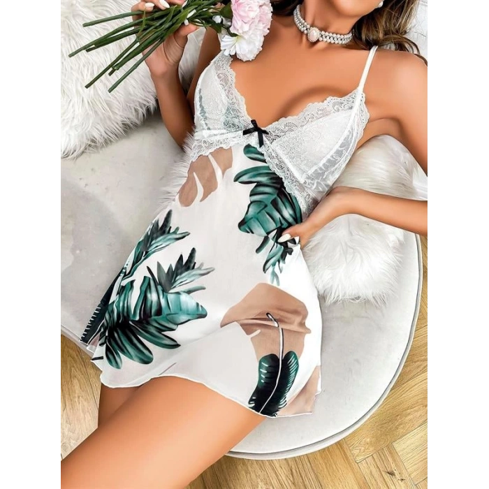 VipMarketim Özel Tasarım Yaprak Desenli İnce Askılı Dantel İşlemeli Mini Saten Gecelik