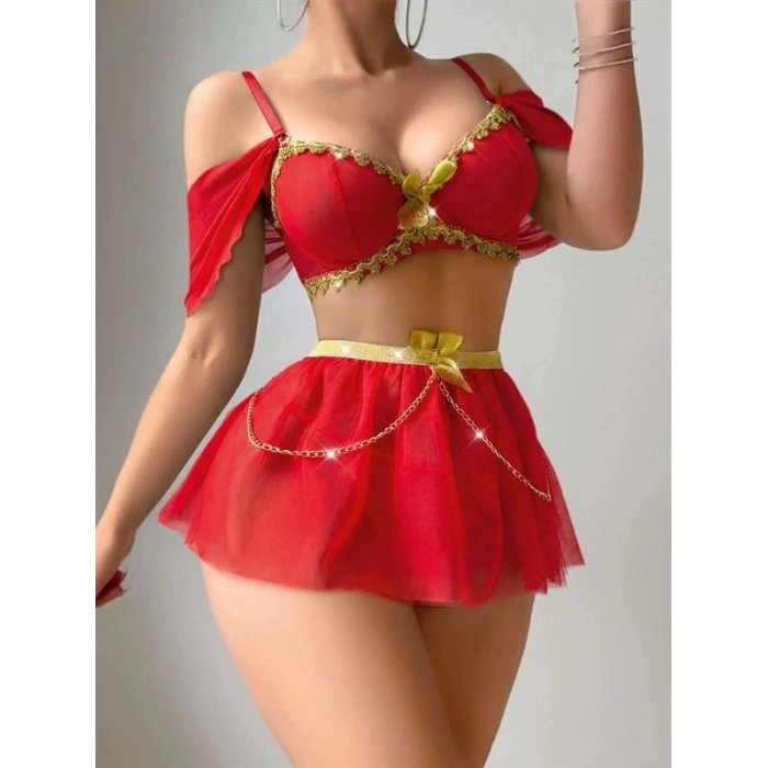 VipMarketim Özel Tasarım Zincir Detaylı Kırmızı Fantezi Kostüm