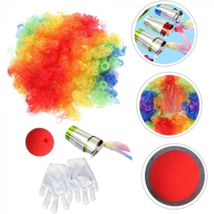 VipMarketim Palyaço Saç Palyaço Burun Palyaço Eldiven Palyaço Sihirli Baston 4 lü Seti