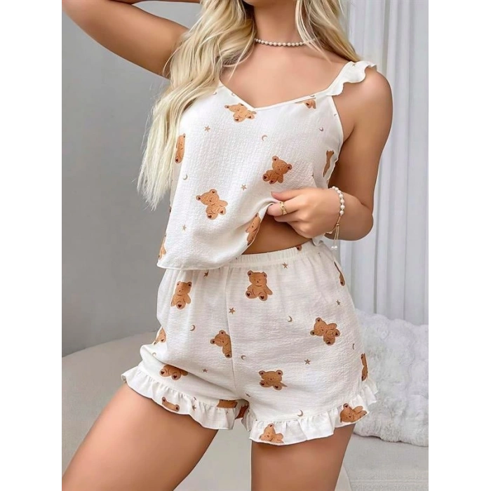 VipMarketim  Pamuklu Ayıcık Desen Fırfırlı Askılı Şortlu Pijama Takımı