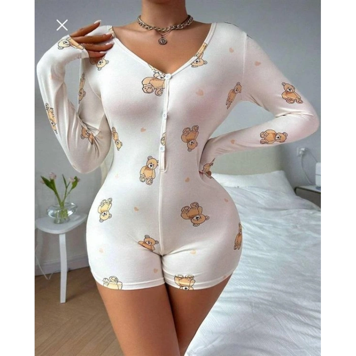 VipMarketim Pamuklu Beyaz Ayıcık Desenli Düğmeli Uzun Kol Tulum Pijama