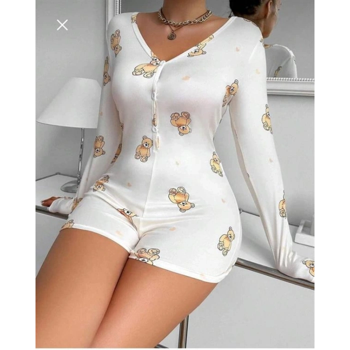 VipMarketim Pamuklu Beyaz Ayıcık Desenli Düğmeli Uzun Kol Tulum Pijama