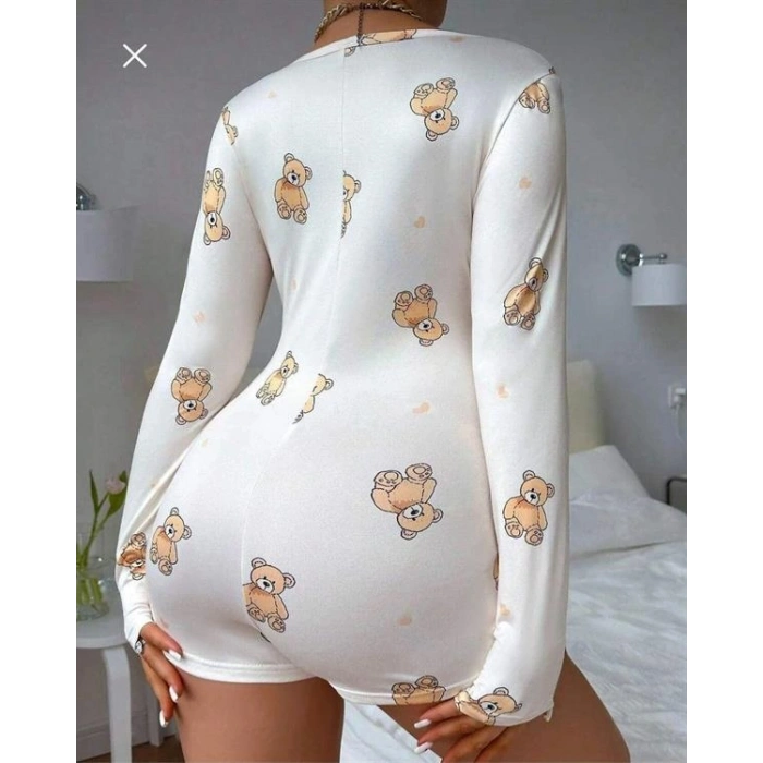 VipMarketim Pamuklu Beyaz Ayıcık Desenli Düğmeli Uzun Kol Tulum Pijama
