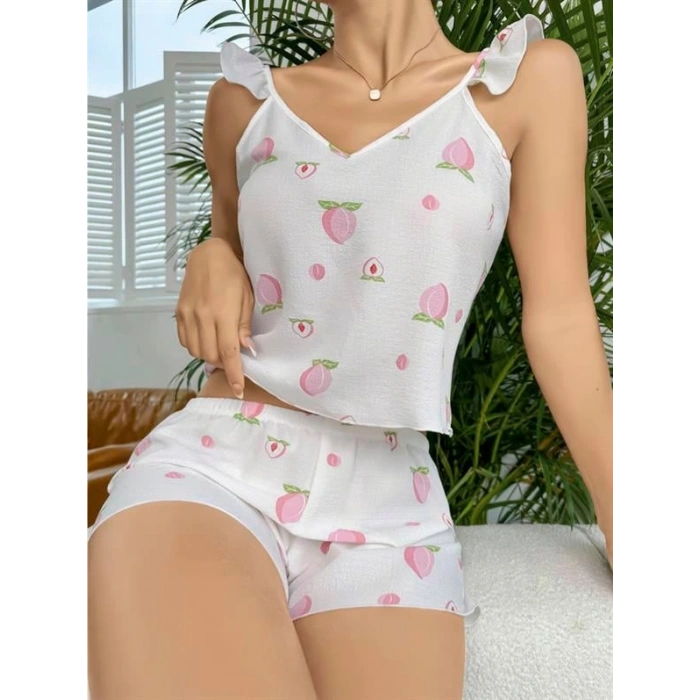 VipMarketim  Pamuklu Beyaz Üstüne Çiçek Desen Fırfır Askılı Şortlu Pijama Takımı