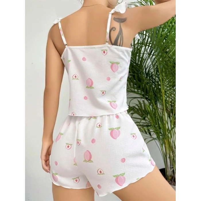 VipMarketim  Pamuklu Beyaz Üstüne Çiçek Desen Fırfır Askılı Şortlu Pijama Takımı