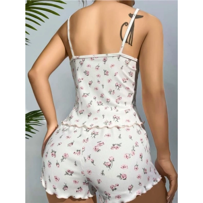 VipMarketim  Pamuklu Beyaz Üstüne Çiçek Desen Fitilli Askılı Şortlu Pijama Takımı