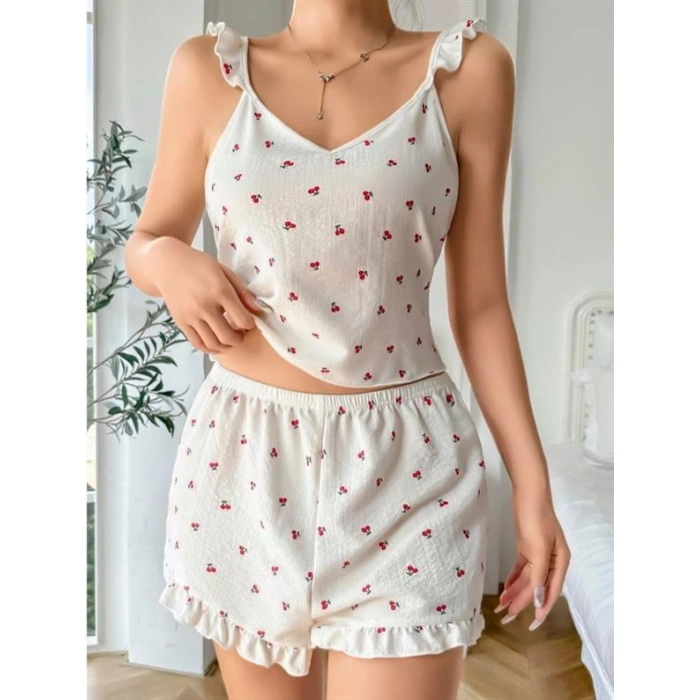 VipMarketim  Pamuklu Beyaz Üstüne Kiraz Desen Fırfır Askılı Şortlu Pijama Takımı