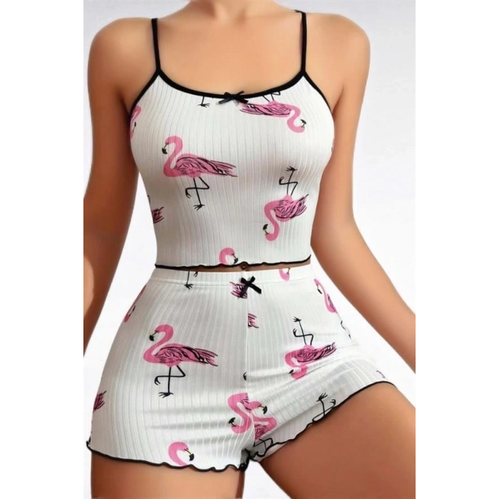 VipMarketim  Pamuklu Beyaz Üstüne Pelikan Desen Fitilli Askılı Şortlu Pijama Takımı