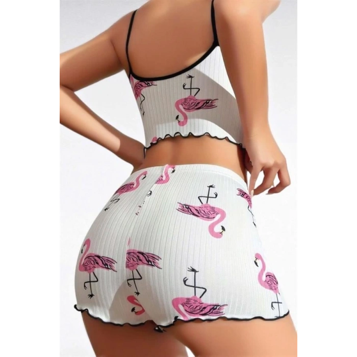 VipMarketim  Pamuklu Beyaz Üstüne Pelikan Desen Fitilli Askılı Şortlu Pijama Takımı
