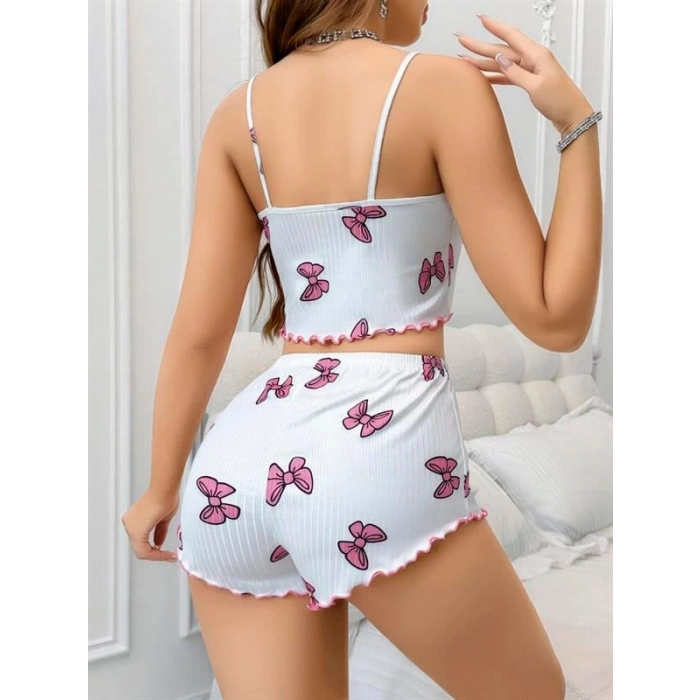 VipMarketim  Pamuklu Beyaz Üstüne Pembe Kurdela Desenli Fitilli Askılı Şortlu Pijama Takımı