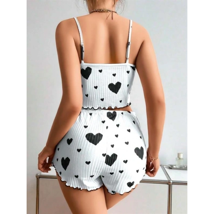 VipMarketim  Pamuklu Beyaz Üstüne Siyah Kalp Desen Fitilli Askılı Şortlu Pijama Takımı